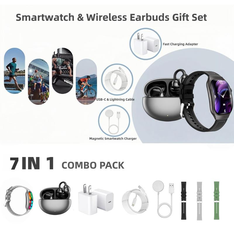 Upgraded Smartwatch Gift Set – Bluetooth Earbuds, Wall Charger, USB Cable, Wireless Watch Charger & 2 Bands | Everyday Wearable Essentials Bundle for Men & Women