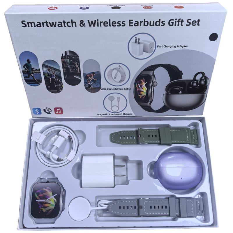 Upgraded Smartwatch Gift Set – Bluetooth Earbuds, Wall Charger, USB Cable, Wireless Watch Charger & 2 Bands | Everyday Wearable Essentials Bundle for Men & Women