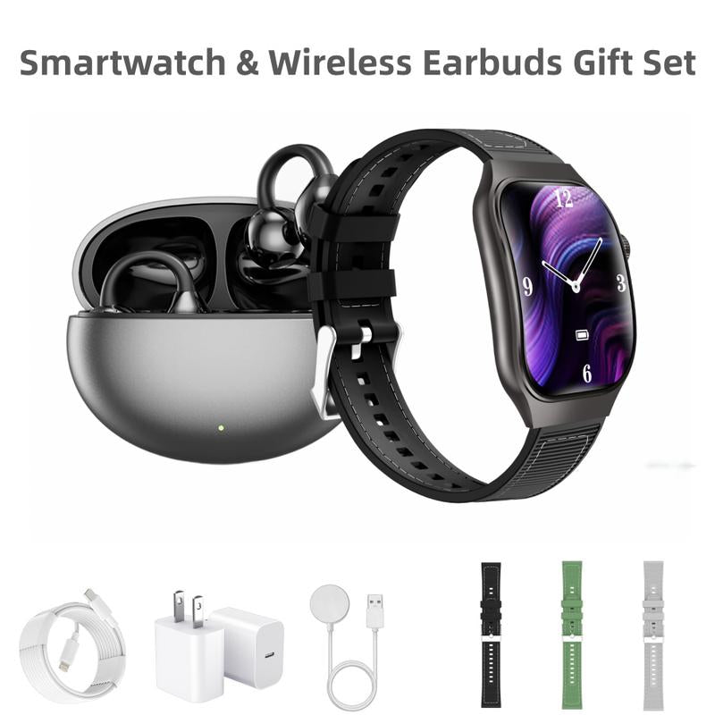 Upgraded Smartwatch Gift Set – Bluetooth Earbuds, Wall Charger, USB Cable, Wireless Watch Charger & 2 Bands | Everyday Wearable Essentials Bundle for Men & Women