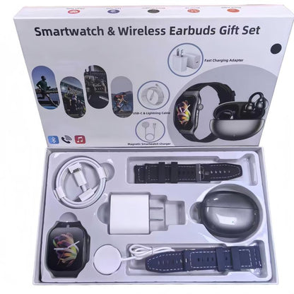 Upgraded Smartwatch Gift Set – Bluetooth Earbuds, Wall Charger, USB Cable, Wireless Watch Charger & 2 Bands | Everyday Wearable Essentials Bundle for Men & Women